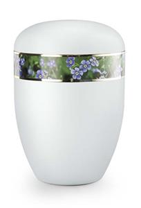 Urnwebshop Zijdeglans Witte Design Urn Vergeet Mij Nietjes (4 liter)