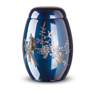Urnwebshop Blauwe Glasfiber Urn Vogels (3.7 liter)