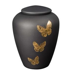 Urnwebshop Glazen Urn Antraciet - Bladgouden Vlinders (4 liter)