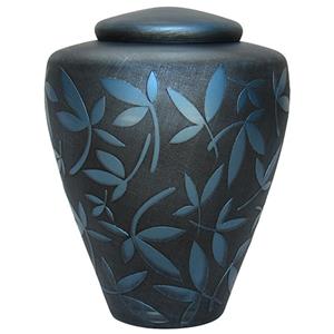 Urnwebshop Glazen Urn Matzwart - Blauwe Sierbladeren (4 liter)