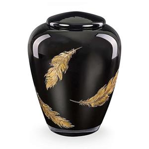 Urnwebshop Glazen Urn Glimmend Zwart - Bladgouden Veren (4 liter)