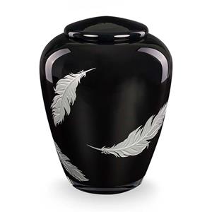 Urnwebshop Glazen Urn Glimmend Zwart - Bladzilver Veren (4 liter)