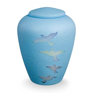 Urnwebshop Glazen Urn Matblauw - Opvliegende Duiven (4 liter)