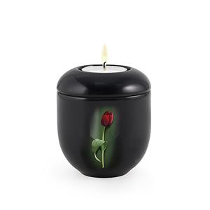 Urnwebshop Waxinelicht Urntje Rode Tulp op Zwart Satijn (0.3 liter)