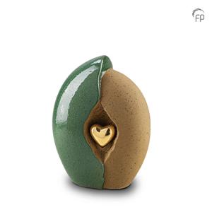 Urnwebshop Kleine Keramische Urn Groen-Zand, Gouden Hart (2.2 liter)