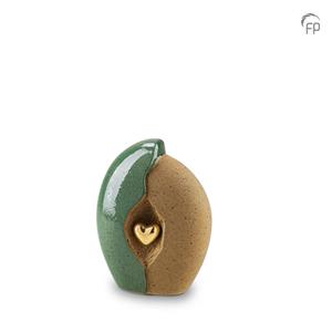 Urnwebshop Mini Keramische Urn Groen-Zand, Gouden Hart (0.8 liter)