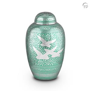 Urnwebshop Grote Messing Urn Zilver, Groene Vogels (3.2 liter)