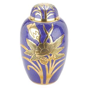 Urnwebshop Grote Messing Urn Paarsblauw - Gouden Bloemen (3.3 liter)