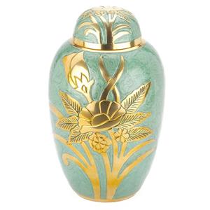 Urnwebshop Grote Messing Urn Jadegroen - Gouden Veldboeket (3.3 liter)