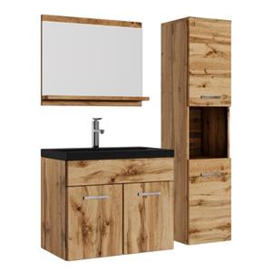 Badplaats Badkamermeubel Set Montreal 60 x 35 cm - Eiken - Badmeubel met spiegel en zijkast met Zwarte Wastafel