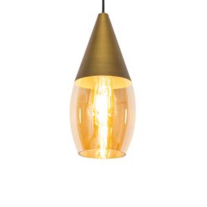 qazqa Moderne Hängelampe Gold mit bernsteinfarbenem Glas – Drop - Gold
