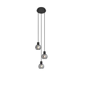 qazqa Art-Deco-Hängelampe schwarz mit Rauchglas rund 3-flammig - Vidro - Grau