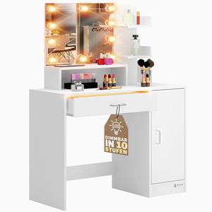 casaria Schminktisch Jocelyn mit LED-Beleuchtung Spiegel Schublade 3 Ablagen Make-up Schlafzimmer Kosmetiktisch Frisiertisch Schminkkommode Holz Weiß