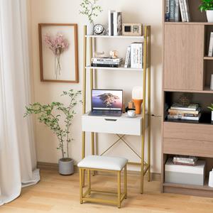 Costway Kaptafel en Kruk Set met Inklapbare Spiegel Bureau met Planken Verborgen Opbergvakken en Gestoffeerde Kruk Make-Up Kaptafel Wit
