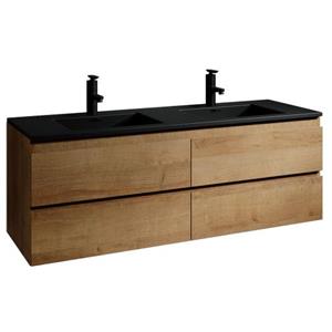 Badplaats Badkamermeubel Set Angela 160cm - Eiken - Badmeubel met Zwarte Wastafel