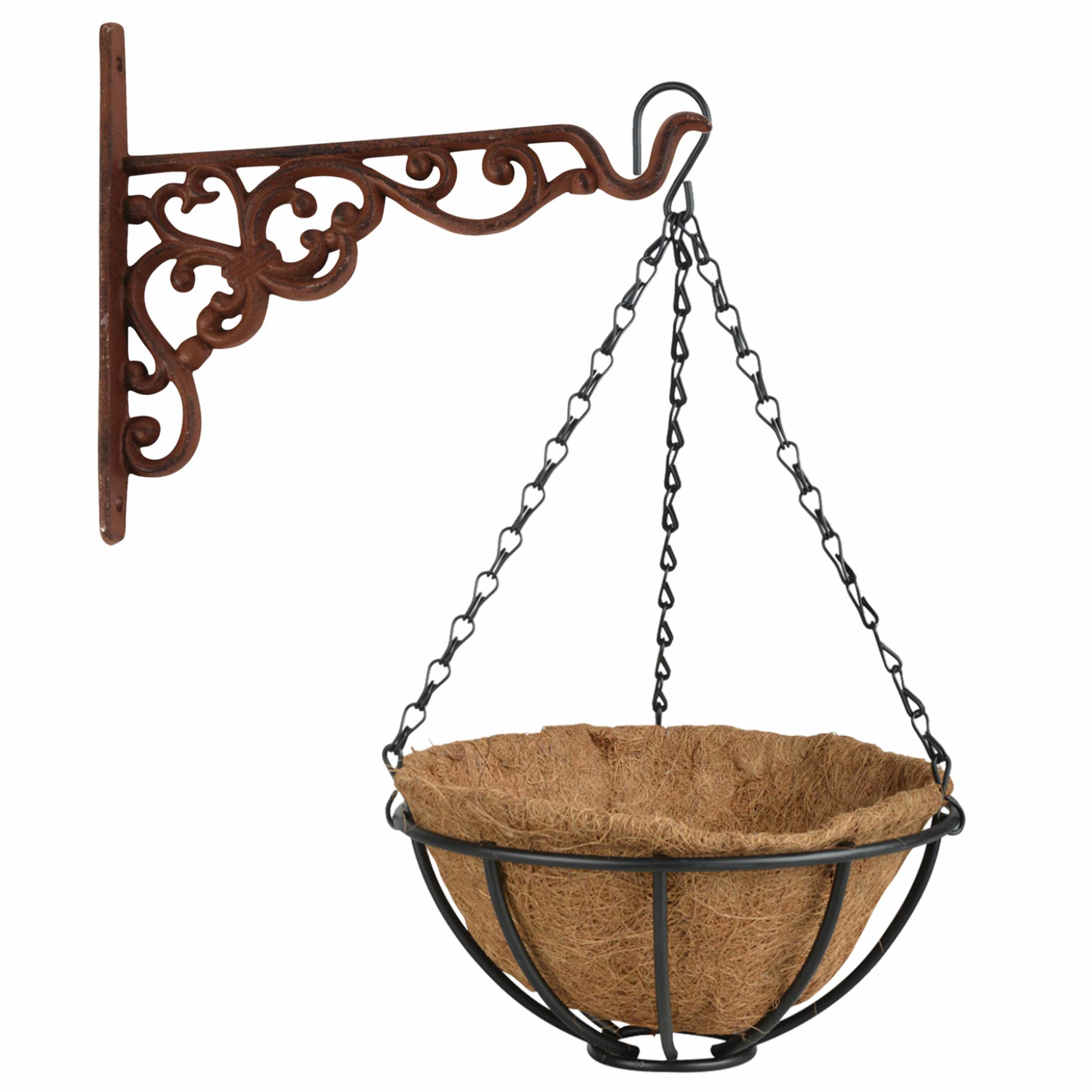 Esschert Design Hanging basket 25 cm met metalen muurhaak en kokos inlegvel -
