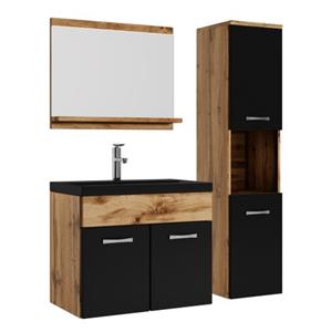 Badplaats Badkamermeubel Set Montreal 60 x 35 cm - Eiken met Zwart - Badmeubel met spiegel en zijkast met Zwarte Wastafel