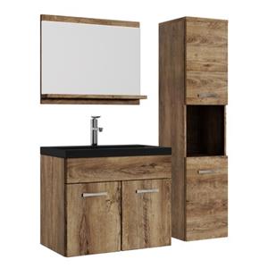 Badplaats Badkamermeubel Set Montreal 60 x 35 cm - Bruin Eiken - Badmeubel met spiegel en zijkast met Zwarte Wastafel