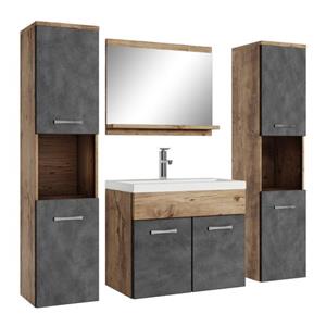 Badplaats Badkamermeubel Set Montreal XL 60 cm - Kastanje Eiken met Donker Grijs - Badmeubel met spiegel en zijkasten