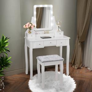 Costway Make-Upset met Rechthoekige Spiegel en Kruk Kaptafel 80 x 40 x 135,5 cm Wit
