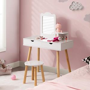 Costway Kaptafelset voor Kinderen 2-In-1 Kaptafel Bureau en Kruk met Afneembare Spiegel 2 Laden Kam Houten Make-Upcommode Wit