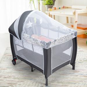 costway 3-In-1 Inklapbaar Reisbed & Luiertafel & Box met Afneembaar en Verstelbaar Muggennet Incl. Muziekklok Aankleedkussen Matras