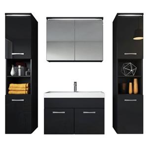 Badplaats Badkamermeubel Set Paso XL 80 x 40 cm - Zwart Hoogglans - Badmeubel met spiegelkast en zijkasten