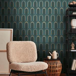 Livingwalls Behang Art Deco Motief Petrolblauw, Blauw, Goud En Metallic