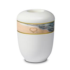 Gedenkartikelen Urn in wit keramiek + waxine: Hart op Strand (400ml)