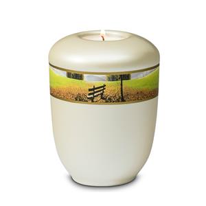Gedenkartikelen Urn parelmoer-wit keramiek + waxine: Parklandschap (400ml)