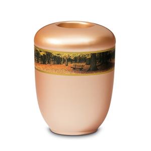 Gedenkartikelen Urn parelmoer-abrikoos keramiek + waxine: Boslandschap (400ml)