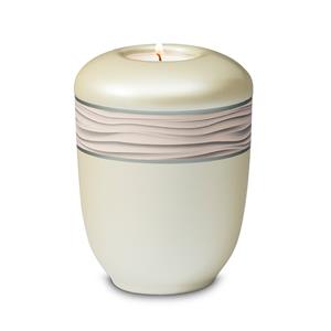 Gedenkartikelen Urn parelmoer-wit keramiek + waxine: Golvende Zee (400ml)