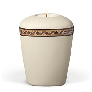 Gedenkartikelen Urn in beige-velours keramiek + waxine: Ruiten decorband