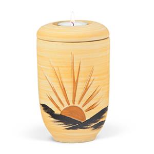 Gedenkartikelen Urn zandkleurig met rijzende Zon + waxine