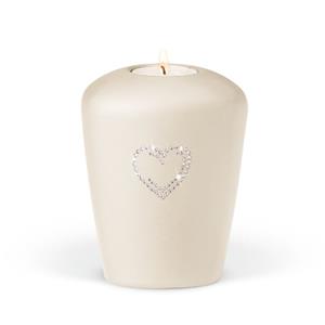 Gedenkartikelen Urn in creme-wit parelmoer + waxine en hart van kristal (400ml)