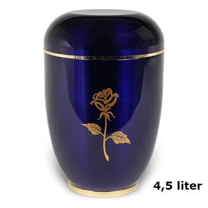 Gedenkartikelen Urn edelstaal Kobalt-Blauw met roos en goudband (4500ml)