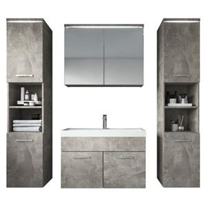 Badplaats Badkamermeubel Set Paso XL 80 x 40 cm - Beton Grijs - Badmeubel met spiegelkast en zijkasten