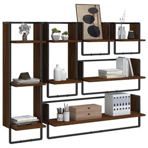 vidaXL 6-delige Wandschappenset met stangen bewerkt hout bruineiken