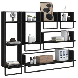 vidaXL 6-delige Wandschappenset met stangen bewerkt hout zwart