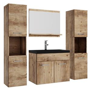Badplaats Badkamermeubel Set Montreal XL 60 x 35 cm - Kastanje Eiken - Badmeubel met Zwarte wastafel en Zijkasten
