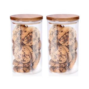 Alpina Voorraadpot/bewaarpot Foodking - 2x - borosilicaat glas - 950 ml - glas/hout - D9.5 x H16 cm -