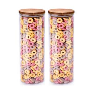 Alpina Voorraadpot/bewaarpot Foodking - 2x - borosilicaat glas - 1650 ml - glas/hout - D9.5 x H27 cm -