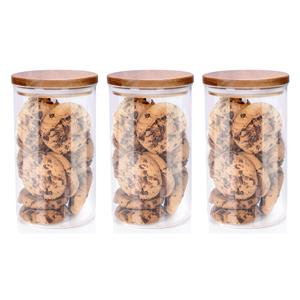 Alpina Voorraadpot/bewaarpot Foodking - 3x - borosilicaat glas - 950 ml - glas/hout - D9.5 x H16 cm -