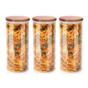 Alpina Voorraadpot/bewaarpot Foodking - 3x - borosilicaat glas - 1250 ml - glas/hout - D9.5 x H21 cm -