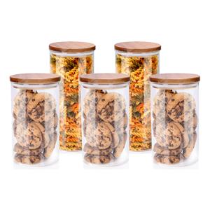 Alpina Voorraadpot/bewaarpot Foodking - 5-delige set - borosilicaat glas - 950/1250 ml - glas/hout -