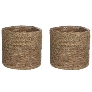 Mica Decorations 2x stuks naturel bruin rotan planten pot mand van gedraaid jute/riet H16 en D16 cm -