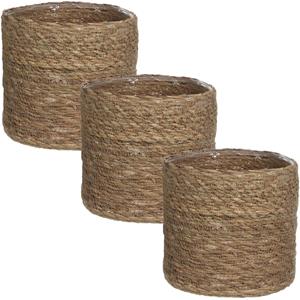 Mica Decorations 3x stuks naturel bruin rotan planten pot mand van gedraaid jute/riet H16 en D16 cm -