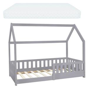 ML-DESIGN Kinderbett Hausbett mit Rausfallschutz, Dach und Lattenrost Massivholz, Bett 80x160 cm Hellgrau mit Matratze 16cm Mädchen Jungen Holzbett