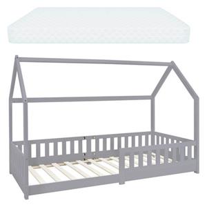 ML-DESIGN Kinderbett Hausbett mit Rausfallschutz, Dach und Lattenrost Massivholz, Bett 90x200 cm Hellgrau mit Matratze 10cm Mädchen Jungen Holzbett