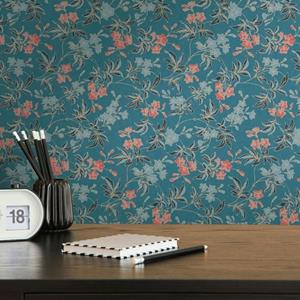 Livingwalls Behang Bloemmotief Blauw, Rood, Geel En Zwart - 53 Cm X 10,05 M